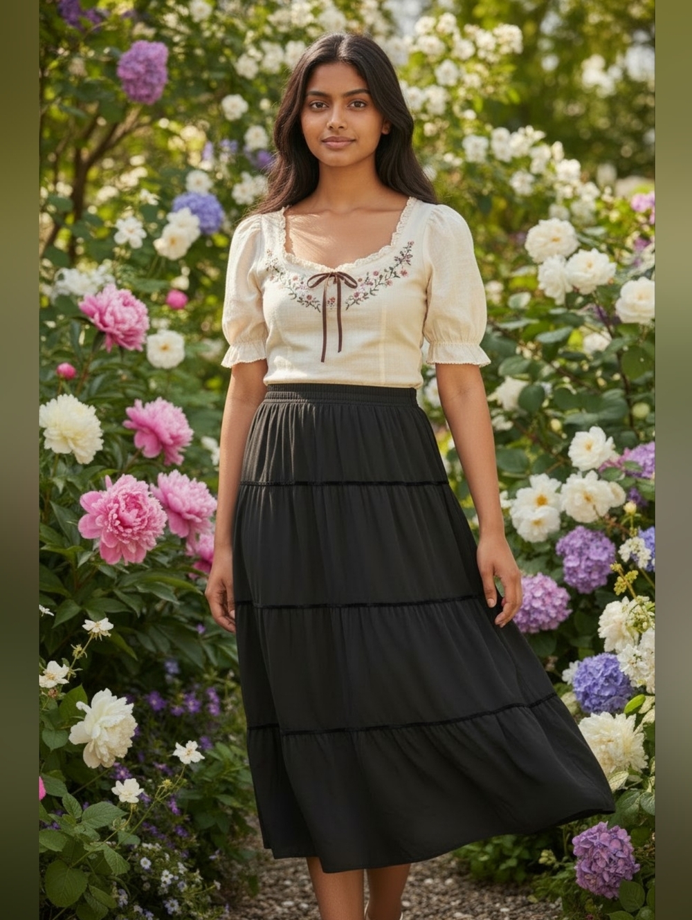 100% SILK Vintage Mossimo Black Tiered A-Line Skirt - Picture 2 of 6